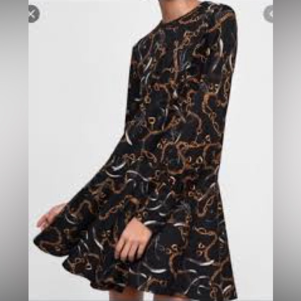 Zara Frock Black Chain-Print Long-Sleeve Dress